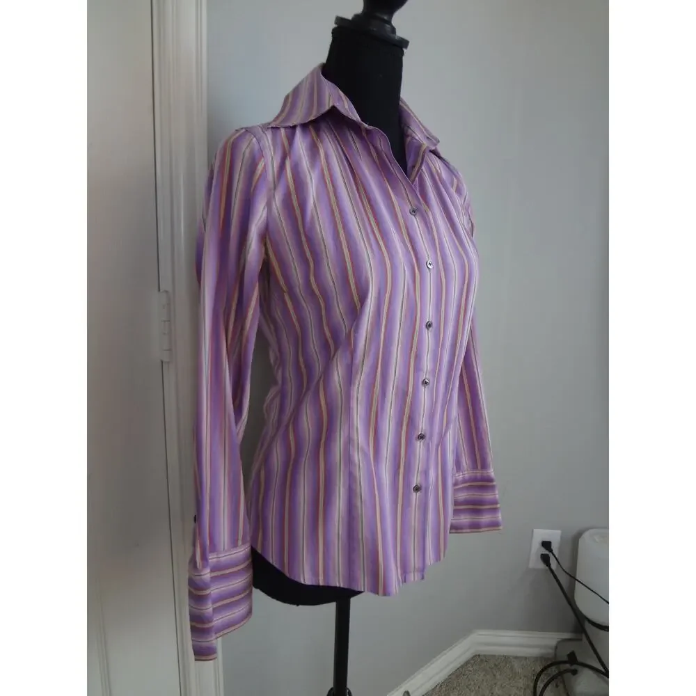 Vintage 90s Y2K Express Purple Pink Striped Button Down Top Womens 2 Work Cotton